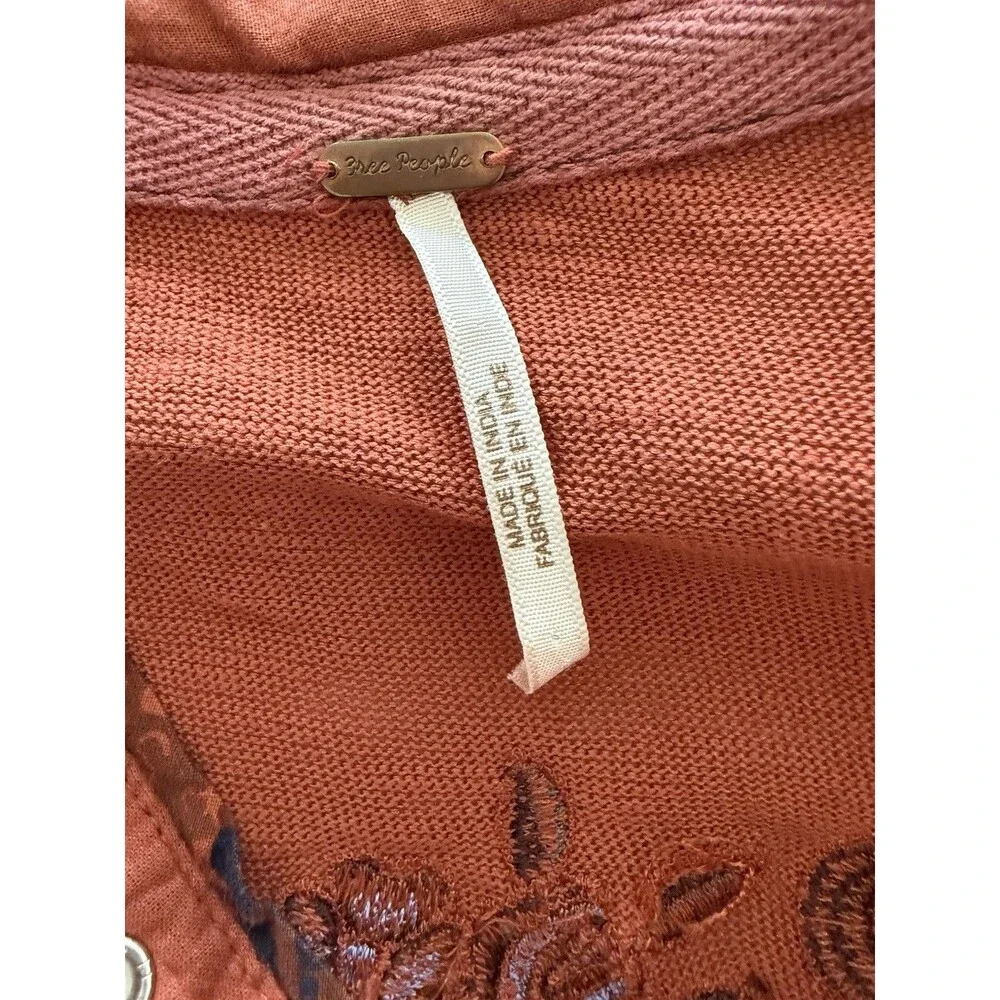Free People Sz XS Orange Cedar Sundance Kid Embroidered Henley Shirt Boho
